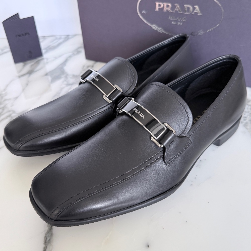 Prada Mens Black Leather Square Toe Loafers Silver Logo Made in Italy US 6.5